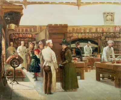 Studie van het interieur van de keuken in Windsor Castle met een bezoek van de koninklijke familie, 1886 door Frank Watkins